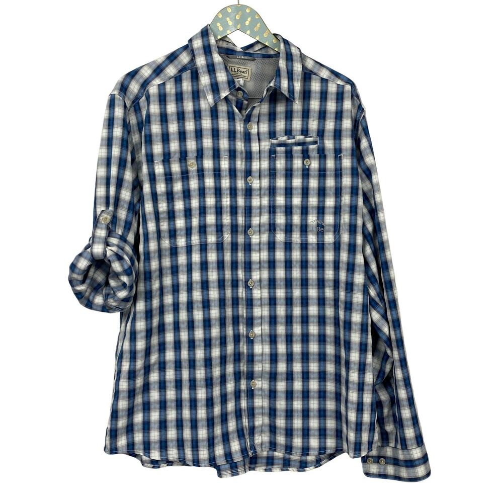 L.L.Bean Shirt Mens Large Blue Plaid Vented Fishing Hiking Quick Dry Performance